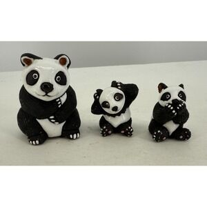 LEPS Peru Folk Art Pottery Panda w/ Cub Clay Figurine 3 Pc Handmade Marked